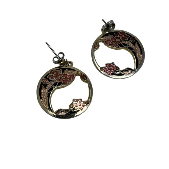 Vintage Fish and Crown‎ Earrings Black Pink Enamel Flowers Drop Dangle Pierced - Picture 5 of 8